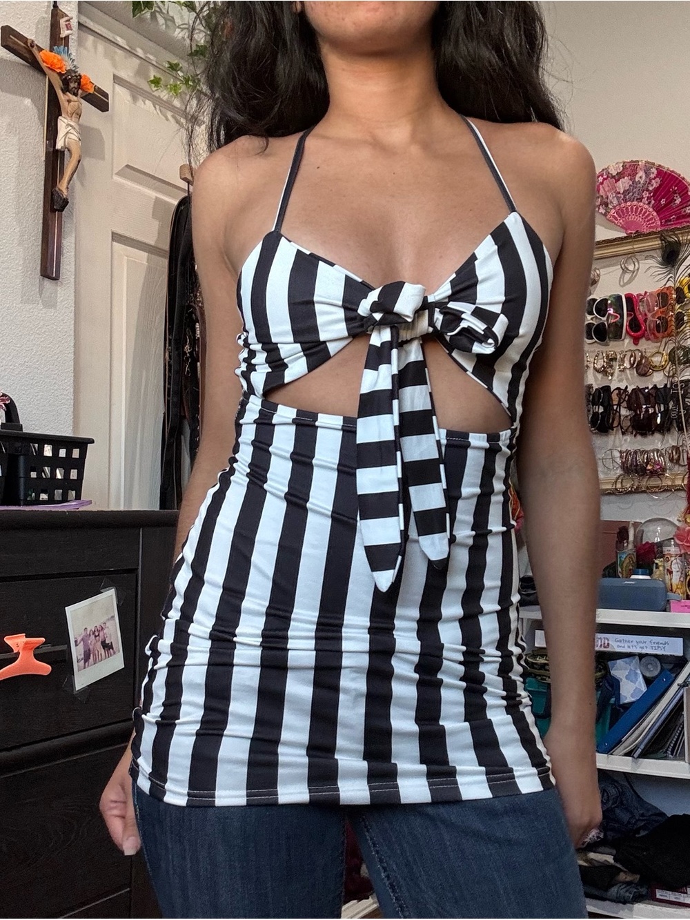 Striped Black & White Tie-Front Halter Dress